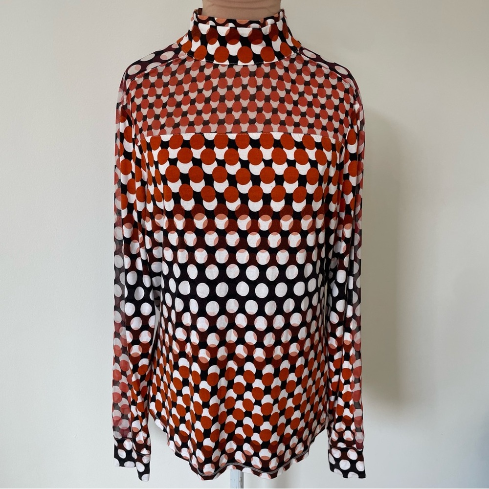 Karen Millen Orange Multi Polkadot Print Mock Neck Semi Sheer Panel Top Size 10